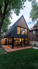 Obraz premium Stylish A-frame cabin features large glass windows and a black metal roof, surrounded by lush greenery and a welcoming wooden deck that enhances outdoor living