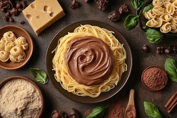 Fototapeta premium A flat lay of pasta dishes, with one bowl featuring a creamy sauce, surrounded by fresh ingredients.