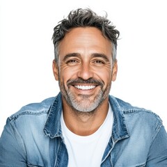 Obraz premium Portrait of a happy mature man with grey hair and beard smiling at the camera isolated on white background handsome confident cheerful middle aged man wearing denim shirt casual male portrait studio