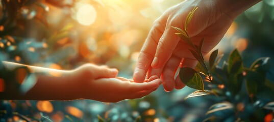 Parent holding a childs hand while walking in a naturefilled park appears in a realistic oil painting emphasizing protection and togetherness with space for text