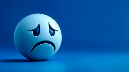 A sad emoji ball on a blue background symbolizing Blue Monday, which reflects themes of sadness, excitement, and melancholy.