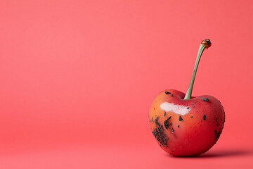 Rotten cherry Isolated on pink Background Showing Decay, Wrinkles, and Moldy Texture with Copy Space – Aged and Spoiled Fruit Depicting Organic Deterioration, Overripe Condition, and Food Waste