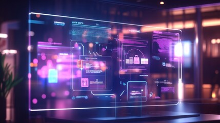 Obraz premium Futuristic transparent screen displays data analytics, graphs, and digital information in a modern setting.