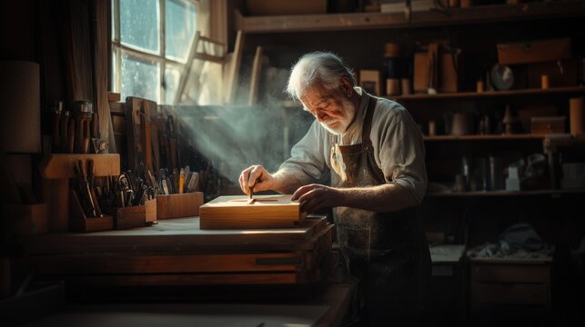 Hands of devotion. The artisan uses steady hands to carve a wooden cross on a cedar box, surrounded by tools and wood shavings.
- Powered by Adobe