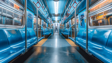 Obraz premium An abandoned subway car, showing signs of wear, features flickering fluorescent lights that create a haunting atmosphere.