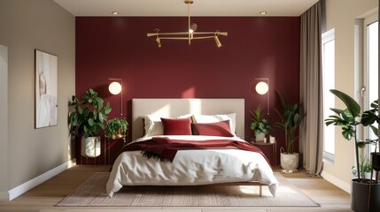 Stylish bedroom in burgundy and ivory theme, featuring brass ceiling light, minimal potted plants, and modern decor items, ideal for contemporary home design