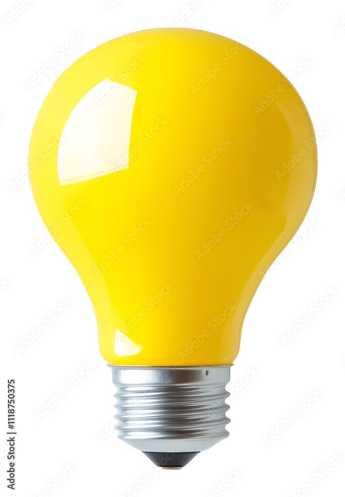 Poster yellow light bulb with reflective surface in transparent background, creativity and innovation conce