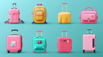 Colorful luggage arranged in two rows on a teal background. Concept of travel and lifestyle accessories. For travel-themed designs or packing tips.
