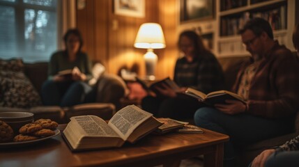 Small group of adults seated in a cozy living room, Bibles open on their laps. A lamp casts a warm glow on thoughtful faces as they discuss Scripture.