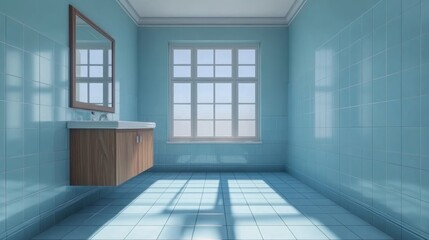 Sunny minimalist bathroom with light blue tiles, wooden vanity, and large window.