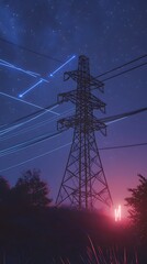 A blue sky at night with power lines leading to an electric power tower