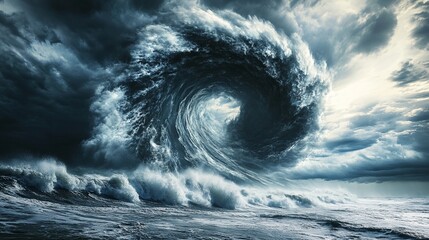 Dramatic swirling ocean wave forming a vortex under a stormy sky.