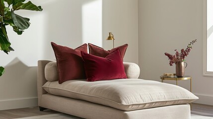 Stylish bedroom showcasing a beige chaise lounge, berry red throw pillows, brass side table, and minimal plants in a contemporary setting.