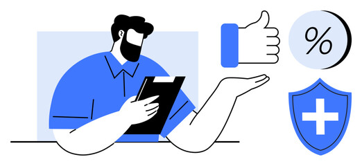 Business professional holding clipboard gestures towards thumbs up, percentage sign, and health shield. Ideal for corporate feedback, safety, health insurance, finance, business evaluations, decision