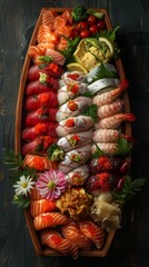 Fototapeta premium A variety of sushi is arranged on a wooden tray. Concept of traditional Japanese cuisine. For restaurant menu design or culinary blogs.