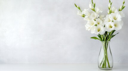 Fototapeta premium White gladiolus blossoms beautifully arranged in a glass vase rest atop a white tablecloth, illuminated by soft lighting in a serene environment
