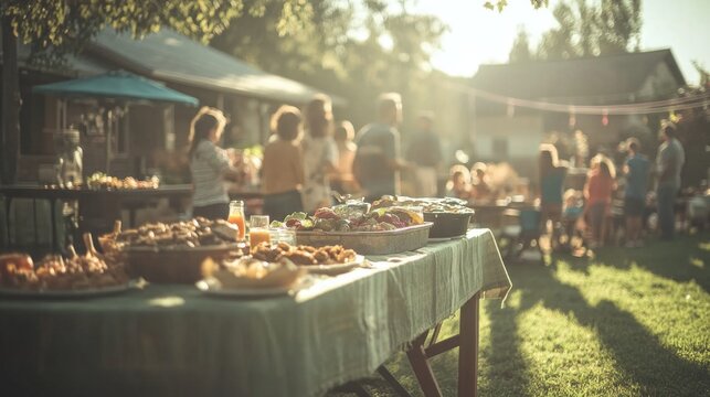 Community in harmony. A vibrant church potluck where families share homemade dishes and laughter fills the air.	
