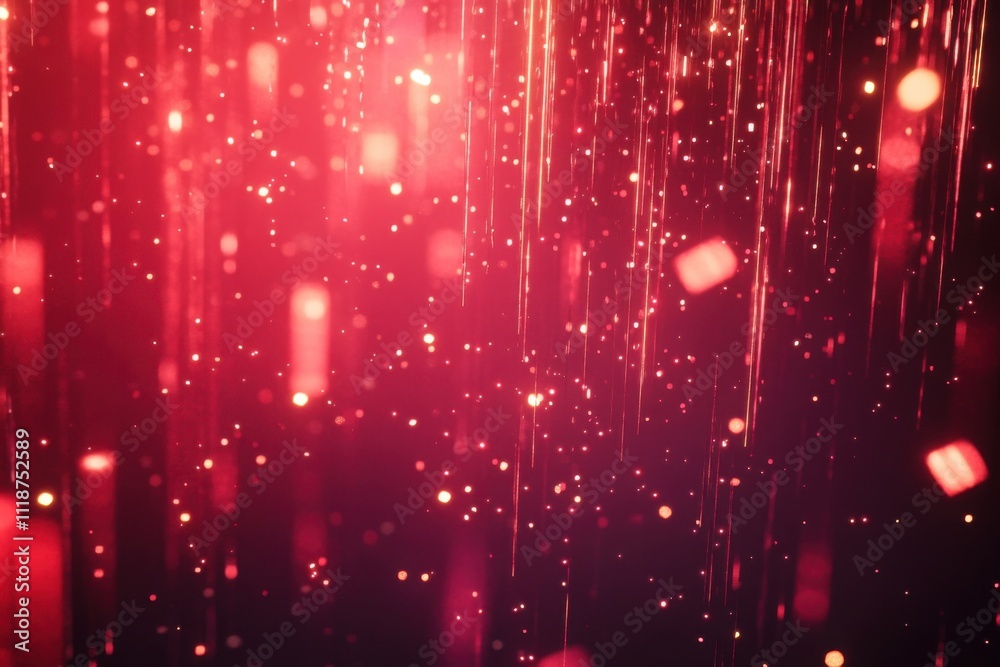 Fototapete Abstract red glowing rain background with bokeh lights and particles.