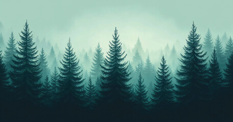 Obraz premium A tranquil evergreen forest at dawn, ideal for nature-themed designs, meditation, or promoting outdoor activities. Perfect for branding and marketing in eco-friendly events.