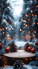 Christmas wooden podium in forest