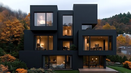 A striking black house features a unique angle design, surrounded by lush forest and reflecting perfectly on the calm lake, showcasing a harmonious blend of nature and architecture
