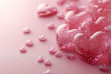Fototapeta premium A soft pink gradient Valentine’s Day background with delicate floating hearts, leaving the center open for text, perfect for romantic designs or messages. 