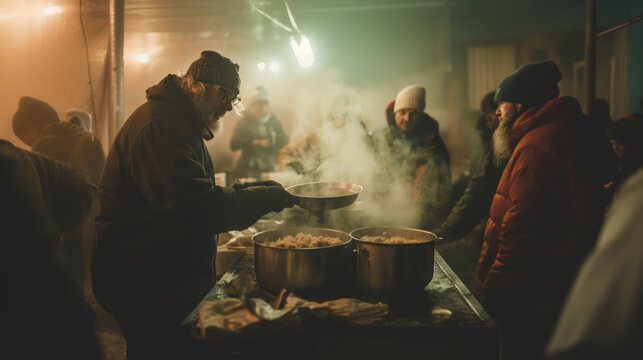 Serving kindness, one meal at a time. Church volunteers serving bowls of hot soup to people in need at a makeshift shelter.
