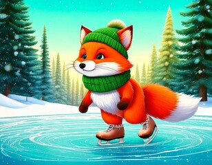 Ein Fuchs läuft auf einen zugefrorenen See Schlittschuh inmitten eines Winterwaldes, Cartoon