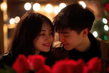 Romantic couple enjoying a cozy evening together amidst soft lights and roses