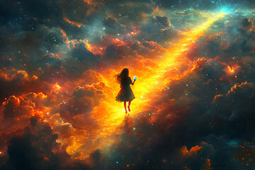 Obraz premium A dreamy scene of a little girl walking on a glowing rainbow bridge, holding a floating colorful ball, surrounded by clouds and magical sunlight. 