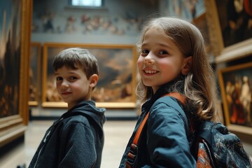 Children admire art in a gallery while exploring classical paintings during an educational visit