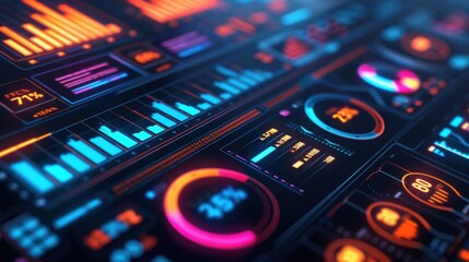 Fototapeta premium Closeup of a digital dashboard displaying realtime equipment metrics with colorful graphs and charts representing production levels and efficiency.