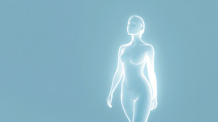 Digital wireframe silhouette of a female body glowing with blue light on a minimalist background