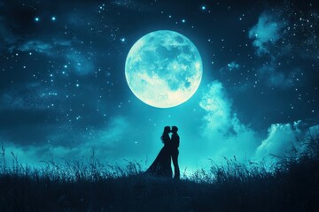Couple embraces under a luminous moonlit sky with colorful stars in the background