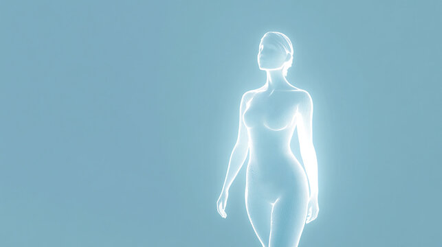 Digital wireframe silhouette of a female body glowing with blue light on a minimalist background