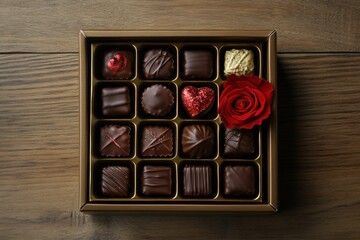 Valentines candy assortment featuring chocolates and a rose for a romantic celebration