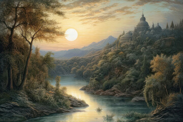 Fantasy landscape with a river and trees. Digital painting illustration.