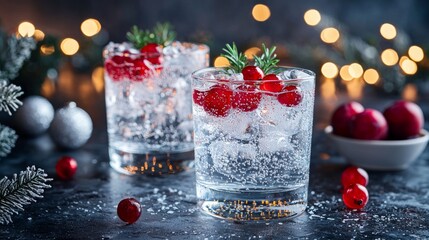 Holiday Spiced Gin Tonic with Festive Fruits: A crisp gin tonic garnished with festive winter fruits,