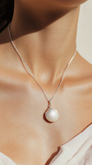 Close-up of a silver shell pendant necklace against smooth, sunlit skin, showcasing elegant jewelry design