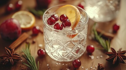 Holiday Spiced Gin Tonic with Festive Fruits: A crisp gin tonic garnished with festive winter fruits,