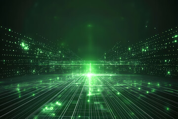 Futuristic digital city landscape, glowing with green light, evokes innovation.