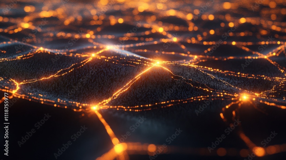 Poster abstract representation of interconnected networks with glowing nodes on a dark surface.