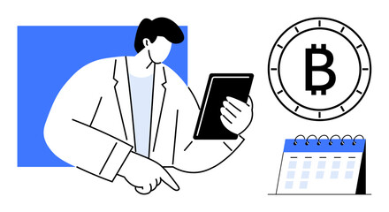 Business professional holding a tablet, pointing, Bitcoin symbol, calendar with loops. Ideal for business strategy, cryptocurrency, financial planning, fintech, investment, market analysis