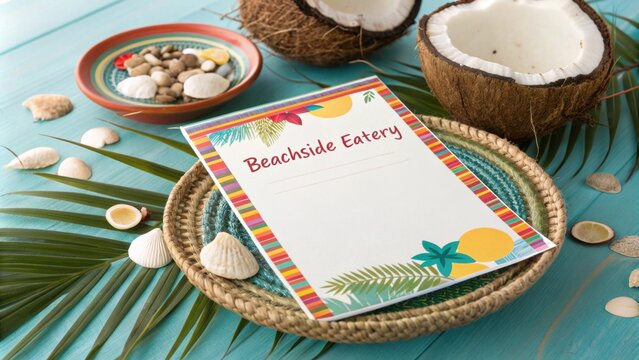 Tropical menu placed over a wicker charger plate on a turquoise table decorated with seashells, coconuts, and palm leaves, suggesting a beachside eatery