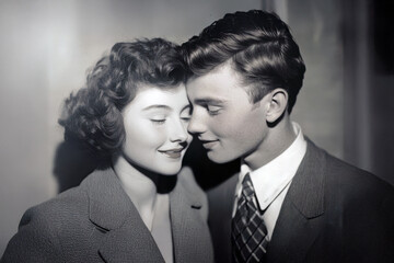 Couple sharing a tender moment with eyes closed in 1950s attire, captured during a romantic evening