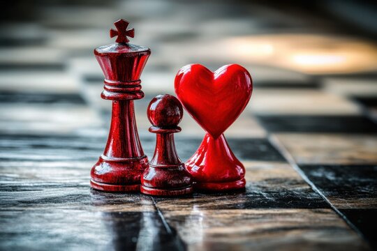 Chess pieces with a red heart symbolizing love and strategy on a checkered board