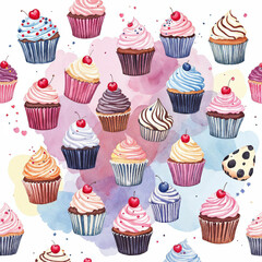 Watercolor, seamless cupcake pattern on white background