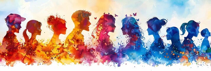 Warm gradient block figures illustrating family reunion blocks of color fading into one another to form diverse family members sharing happy moments providing ample room for customization