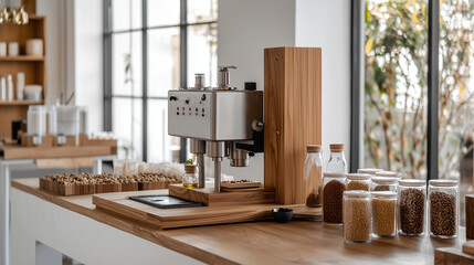 Contemporary Wooden Oil Press in Minimalist Workshop