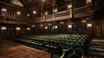 Ornate theater auditorium with rows of green velvet seats.